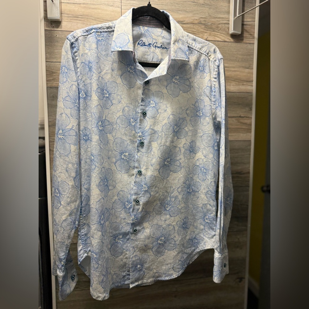 Robert Graham Blakele Long Sleeve Shirt  Classic Fit Linen Blend Siz…